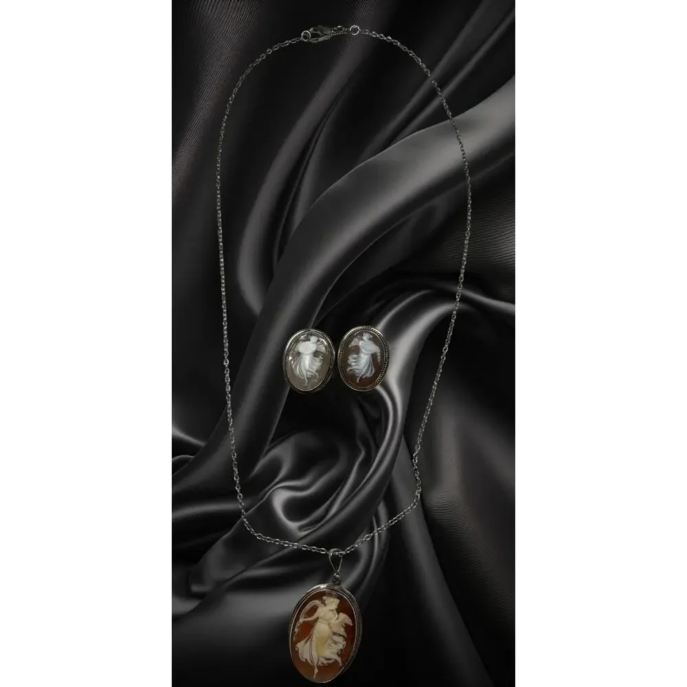 Vintage Sterling Shell Cameo Dancing Muse Necklace & Matching Clip Earrings Set